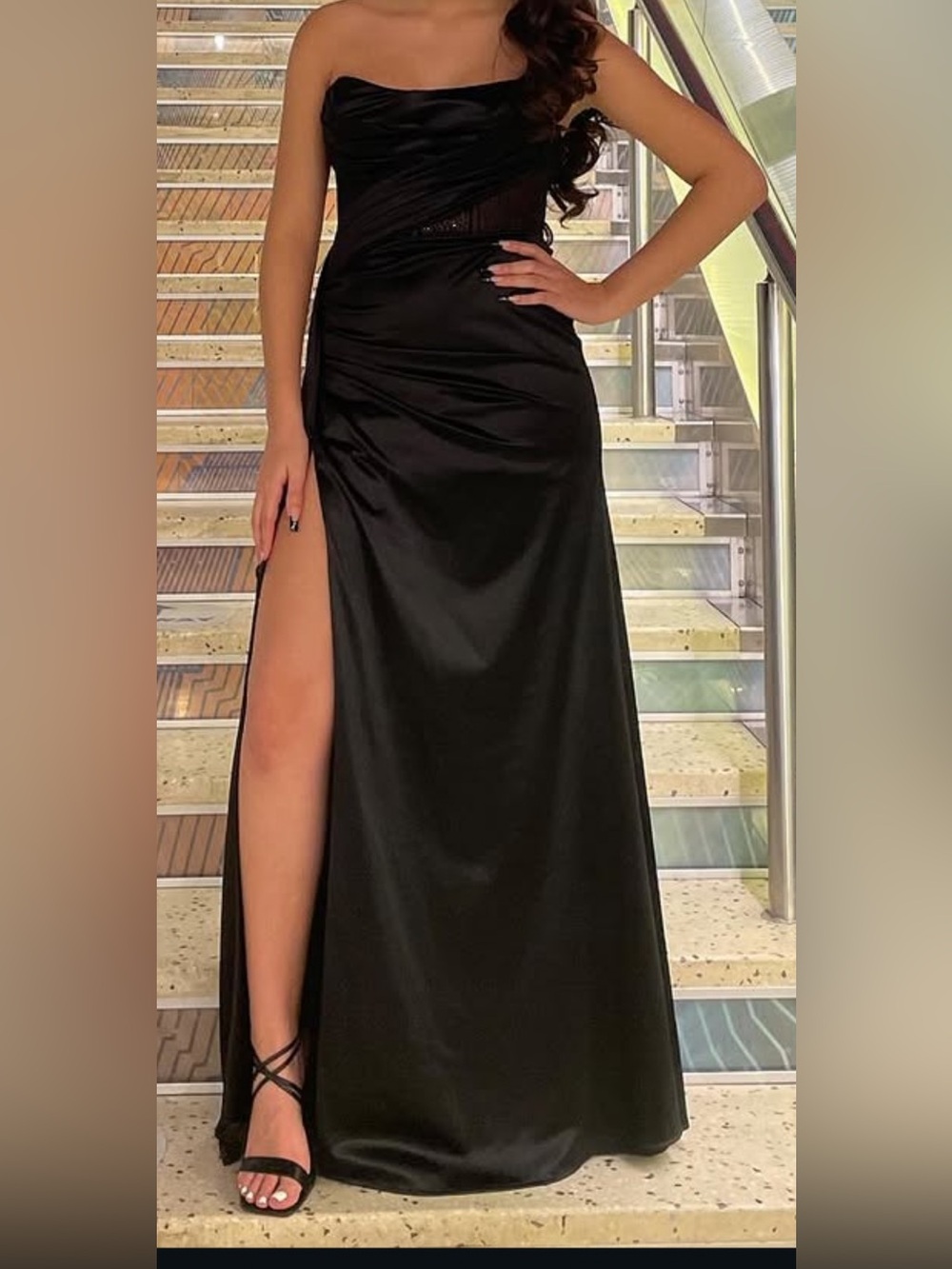 Strapless Black Satin Evening Dress with Draped Detail